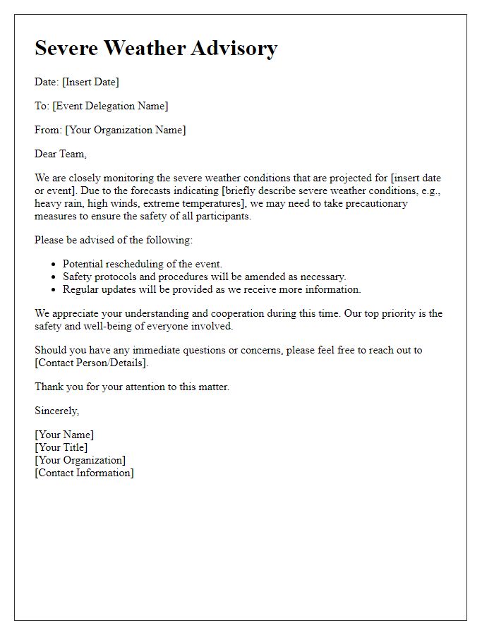 Letter template of severe weather notice for event delegation.