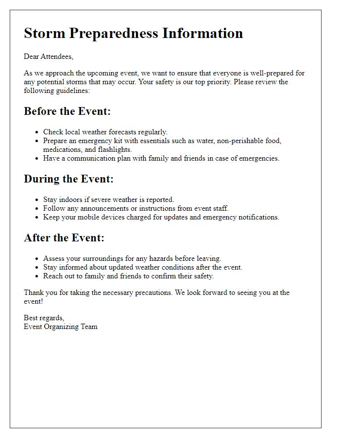 Letter template of storm preparedness information for event attendees.