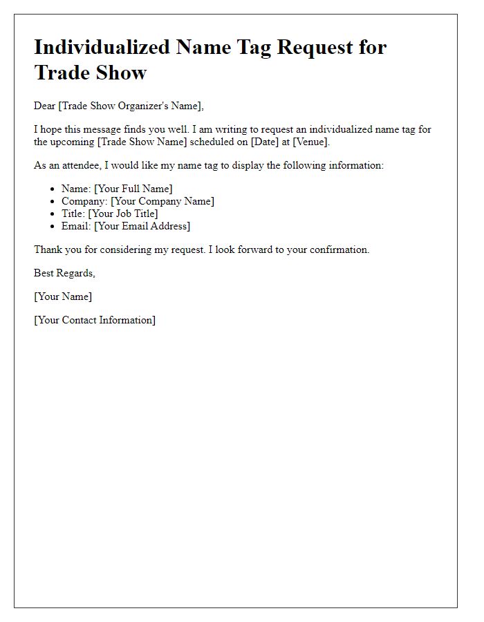 Letter template of individualized name tag request for trade show