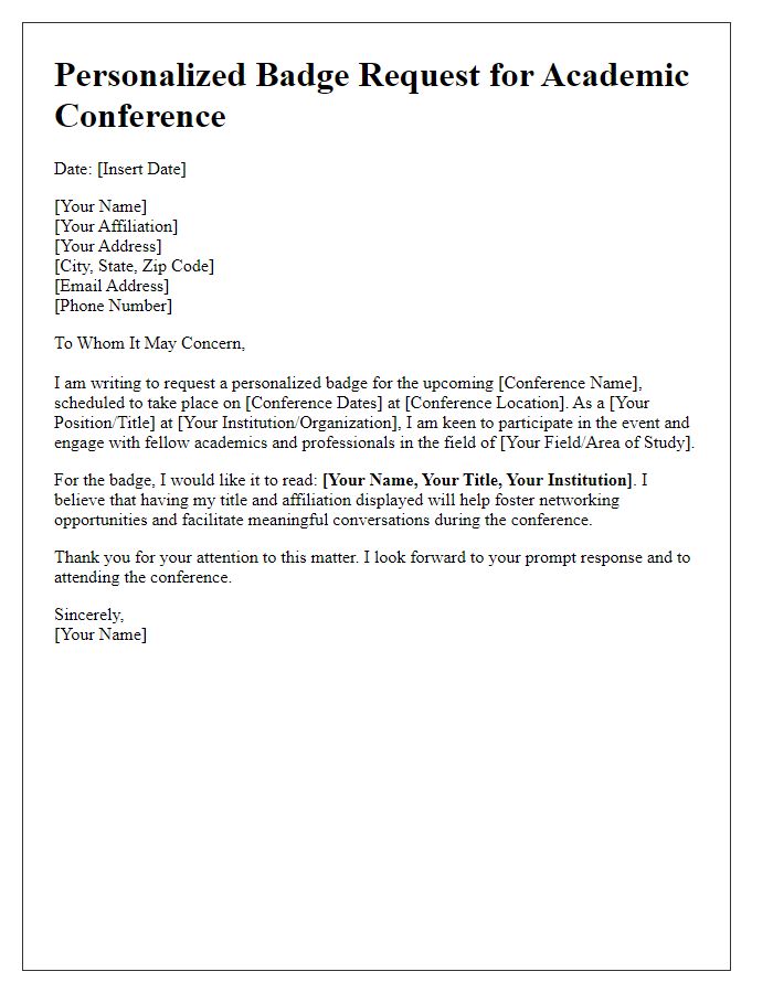 Letter template of personalized badge request for academic conference