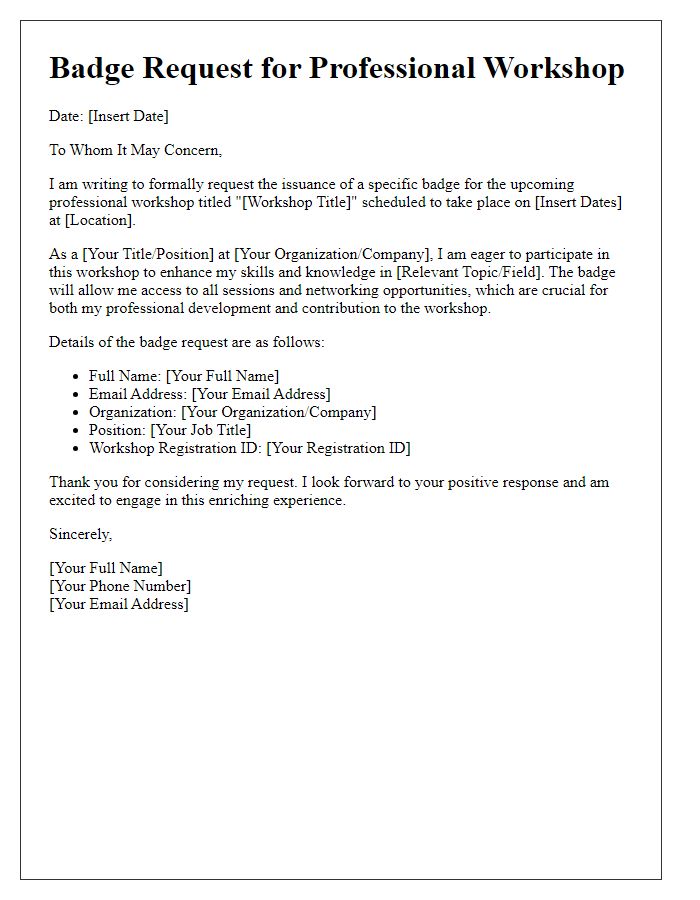 Letter template of specific badge request for professional workshop