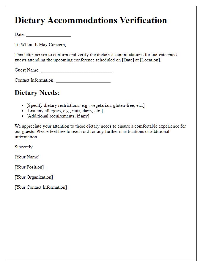 Letter template of dietary accommodations verification for conference guests.