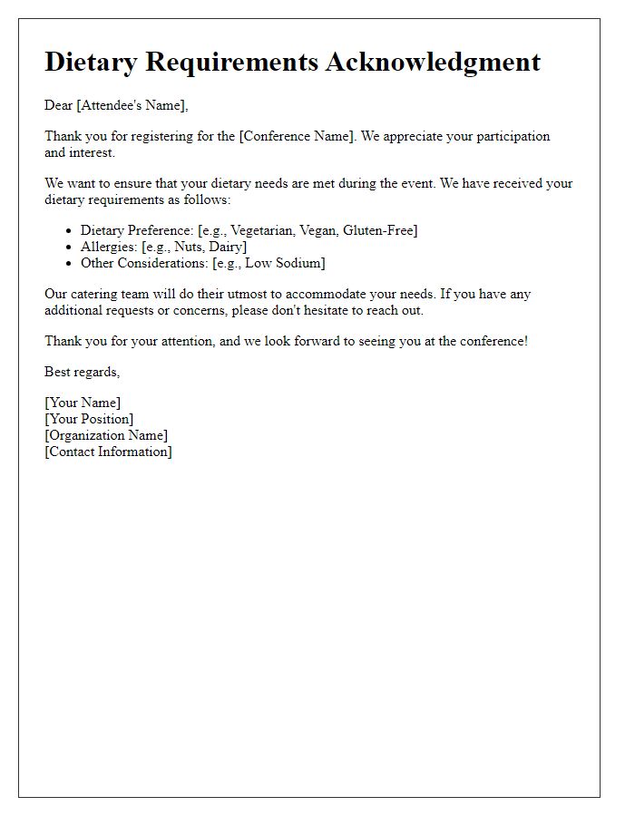 Letter template of dietary requirements acknowledgment for conference attendees.