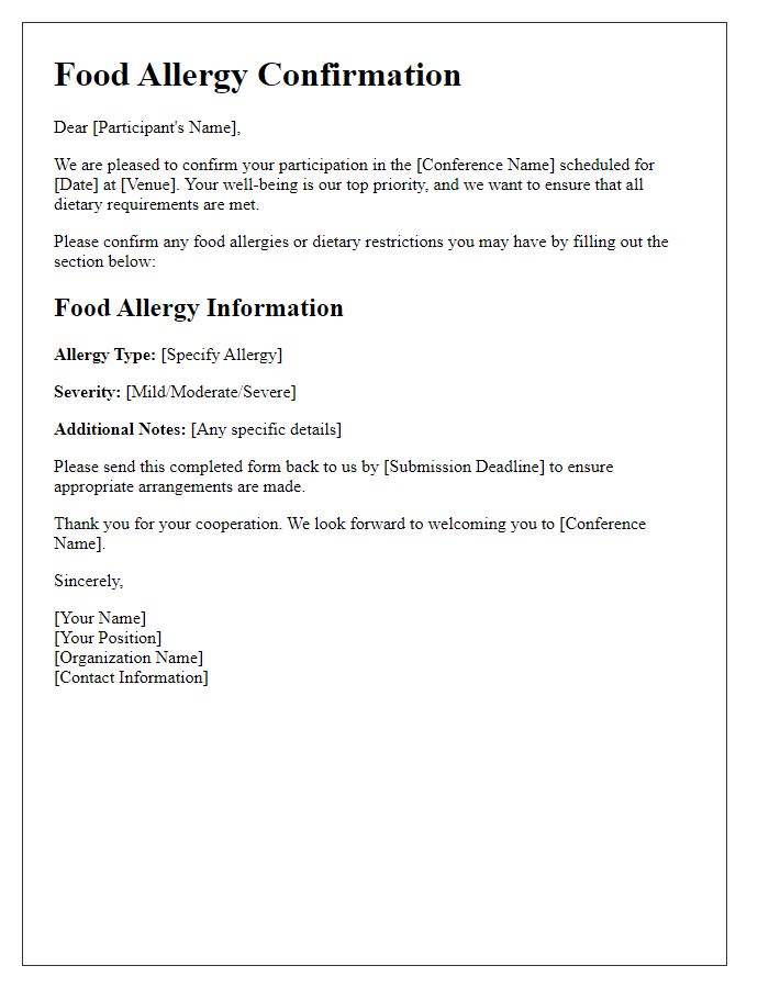 Letter template of food allergy confirmation for conference participants.