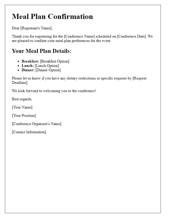 Letter template of meal plan confirmation for conference registrants.