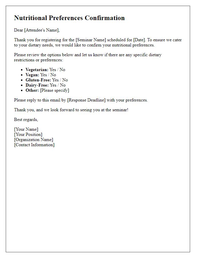 Letter template of nutritional preferences confirmation for seminar attendees.