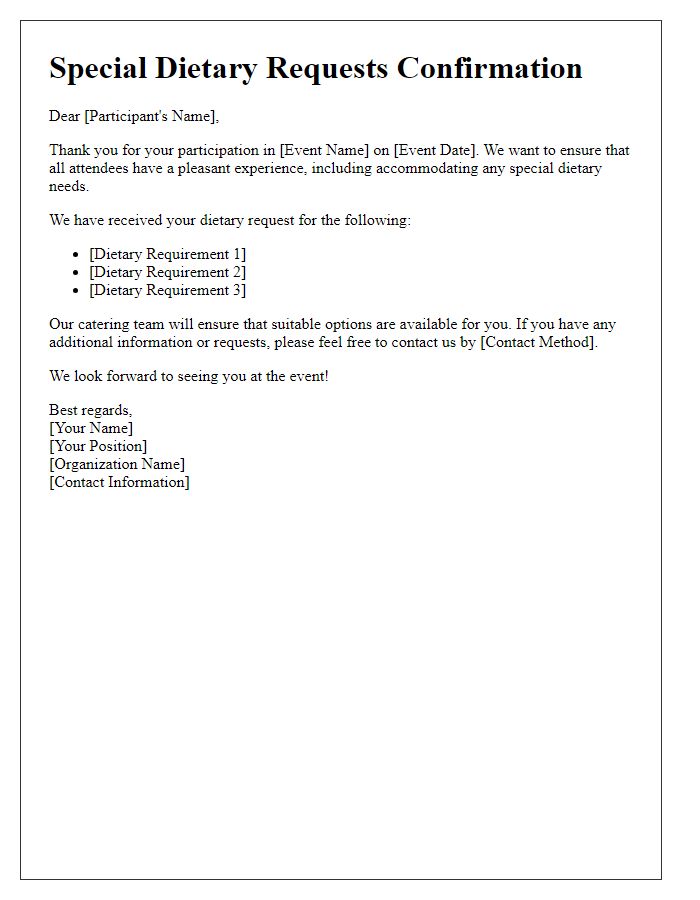 Letter template of special dietary requests confirmation for event participants.