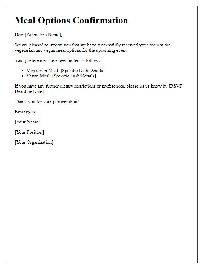 Letter template of vegetarian and vegan meal options confirmation for attendees.