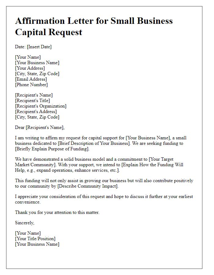 Letter template of affirmation for small business capital request.