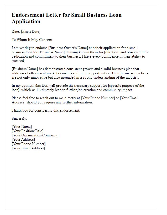 Letter template of endorsement for small business loan application.