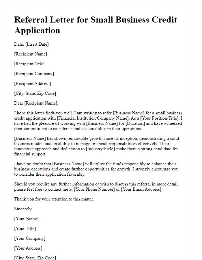 Letter template of referral for small business credit application.