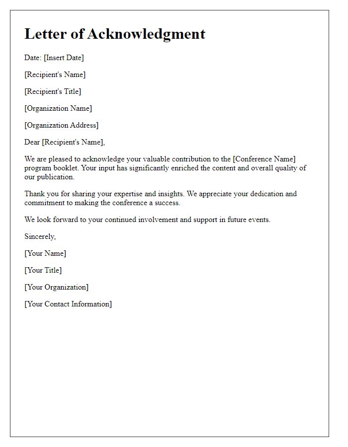 Letter template of acknowledgment for conference program booklet contribution