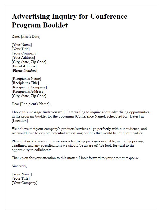 Letter template of advertising inquiry for conference program booklet