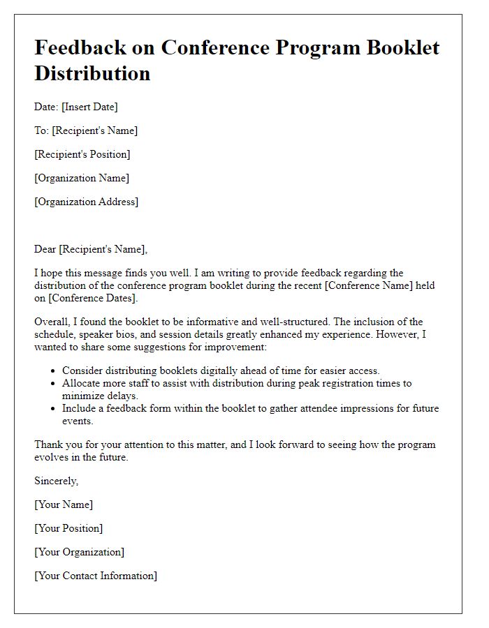 Letter template of feedback regarding conference program booklet distribution