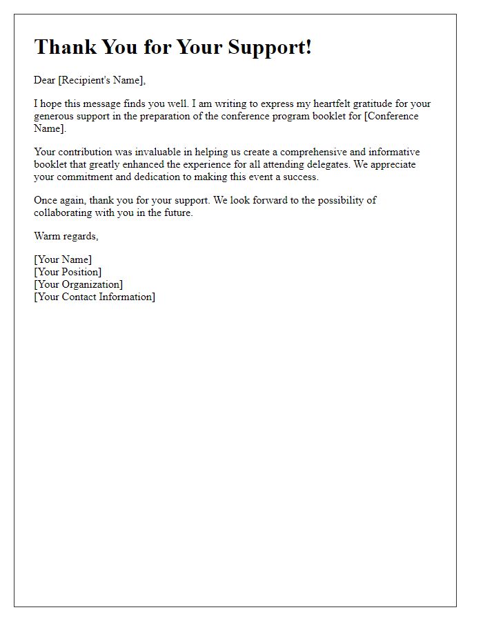 Letter template of thank you for conference program booklet support