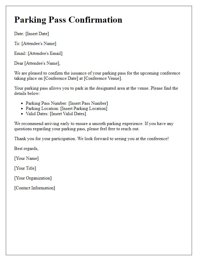 Letter template of confirmation for conference parking pass issuance