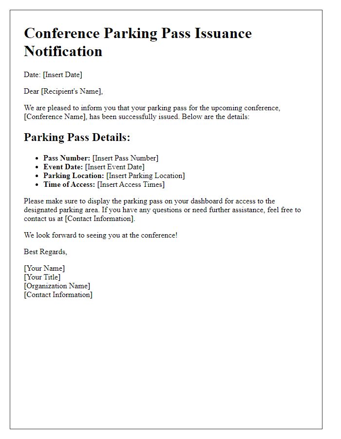 Letter template of notification for conference parking pass issuance