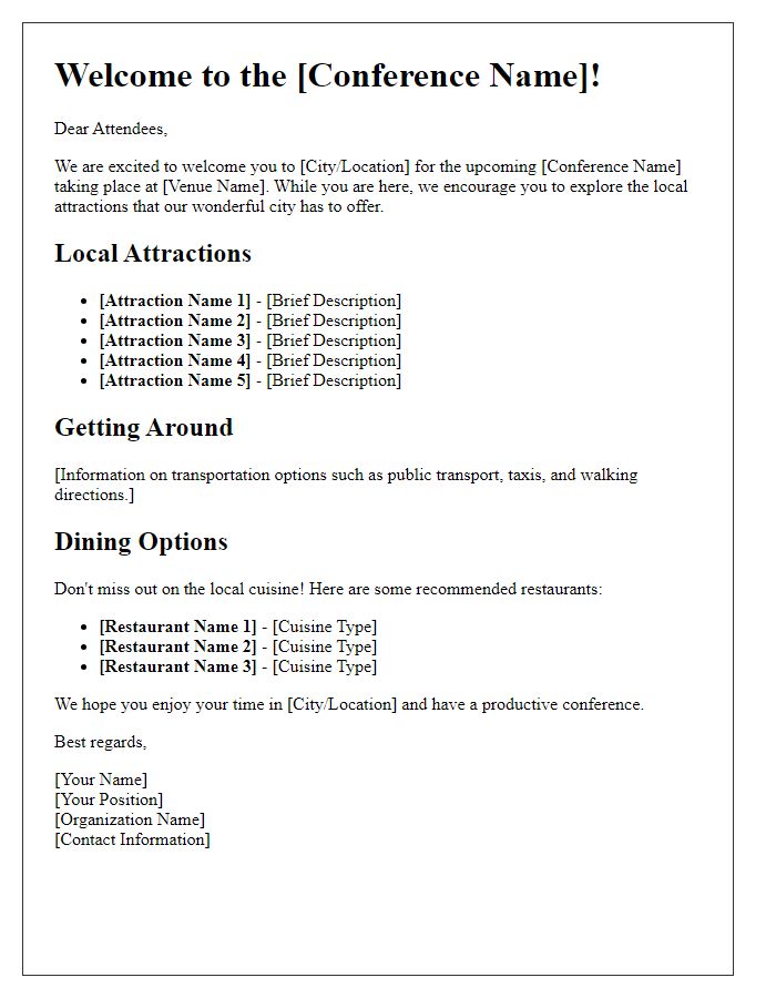 Letter template of conference venue local attractions guide.