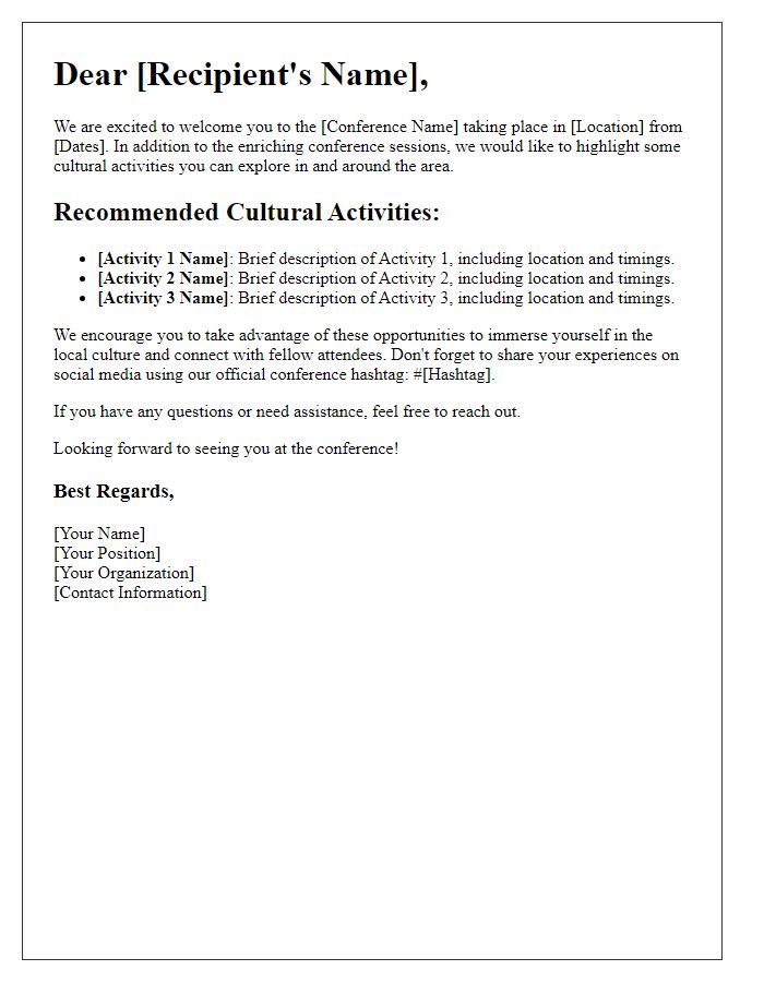 Letter template of cultural activities around the conference location.