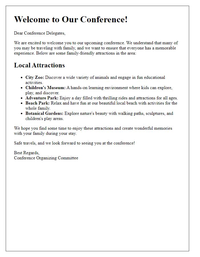 Letter template of family-friendly attractions for conference delegates.