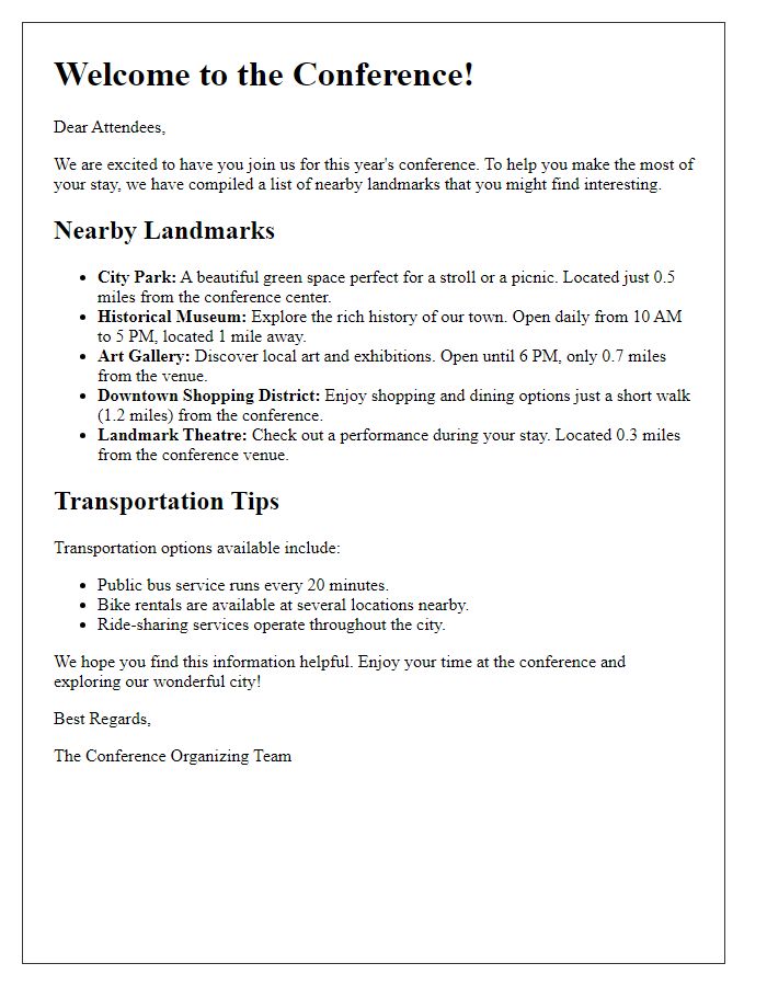 Letter template of helpful information on nearby landmarks for conference attendees.