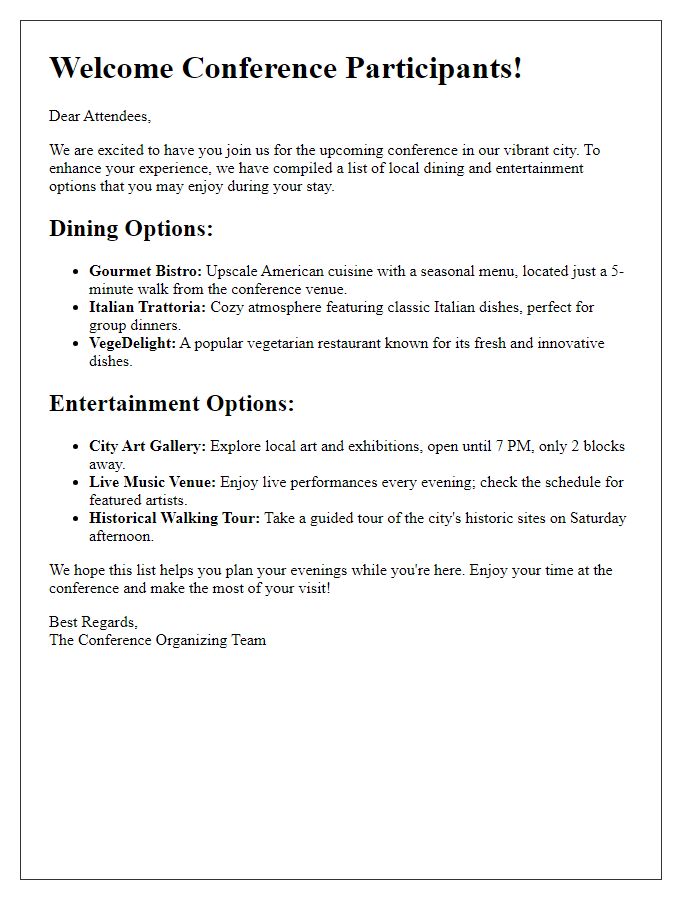 Letter template of local dining and entertainment options for conference participants.