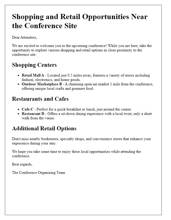 Letter template of shopping and retail opportunities near the conference site.