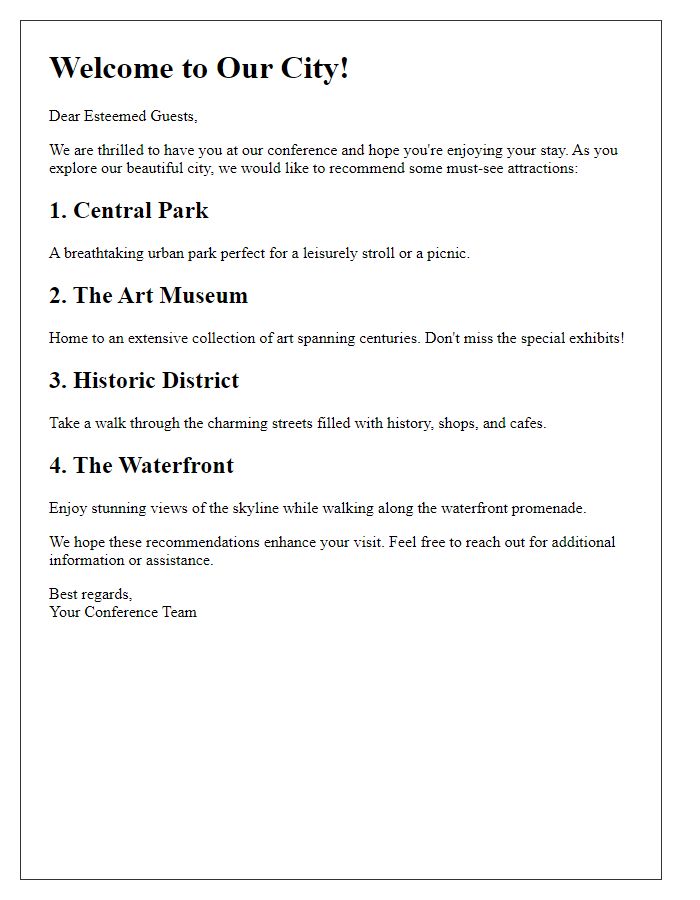 Letter template of sightseeing recommendations for conference guests.