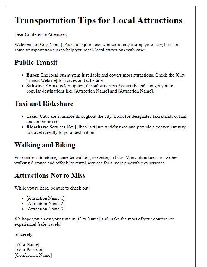 Letter template of transportation tips to local attractions for conference goers.