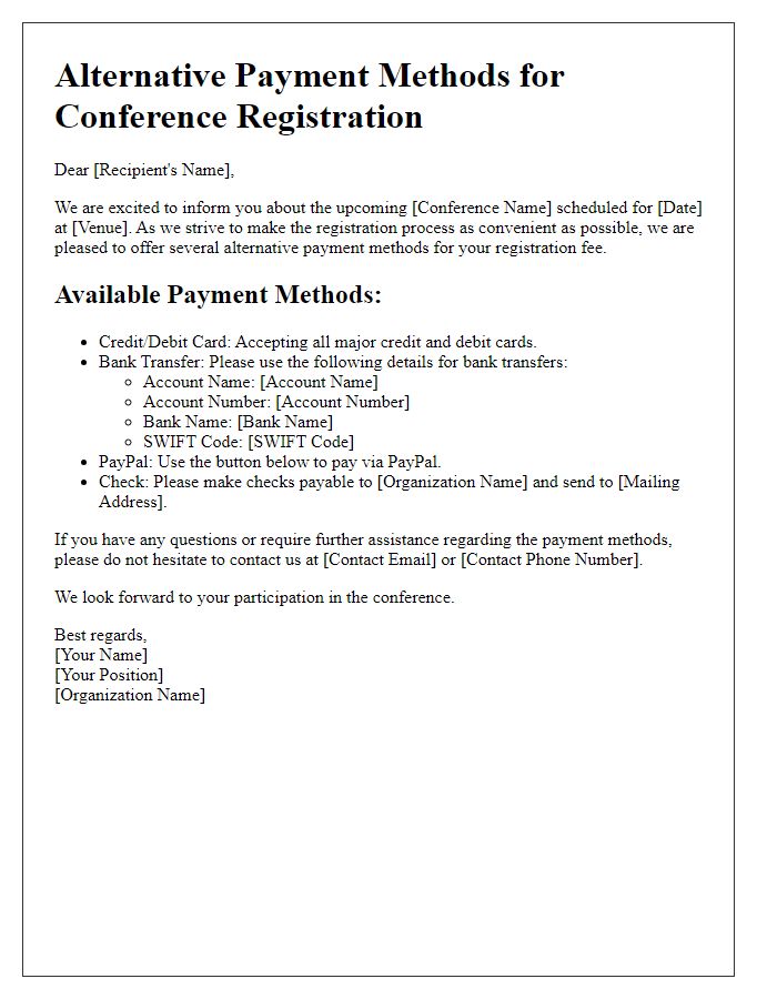 Letter template of alternative payment methods for conference registration.