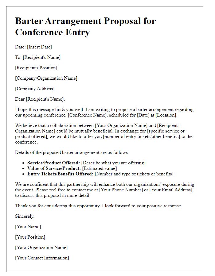 Letter template of barter arrangements for conference entry.