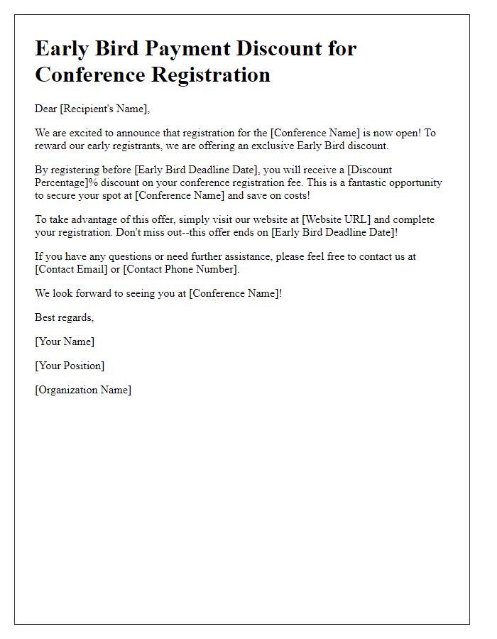 Letter template of early bird payment discounts for conference registration.