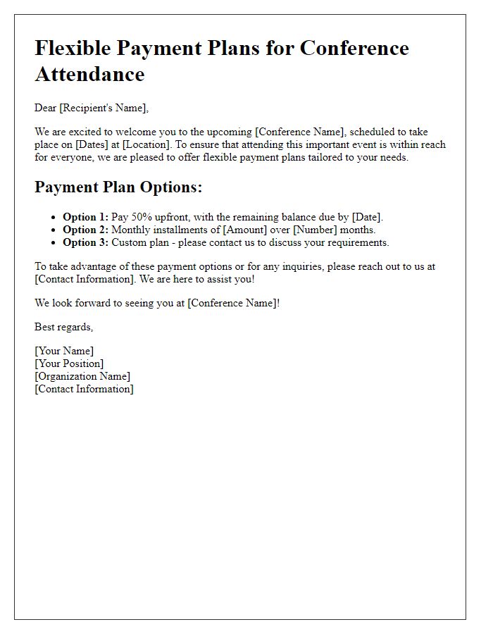 Letter template of flexible payment plans for attending the conference.