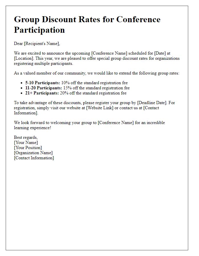 Letter template of group discount rates for conference participation.