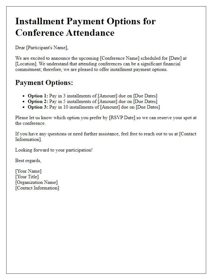 Letter template of installment payment options for conference attendance.