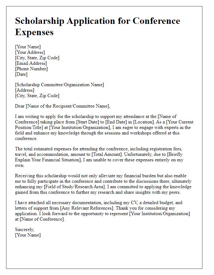 Letter template of scholarship applications for conference expenses.