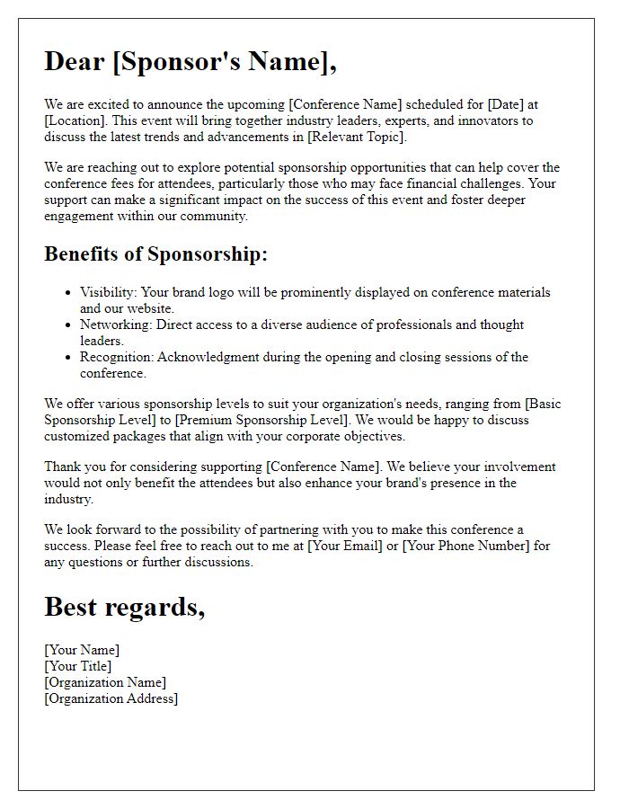 Letter template of sponsorship opportunities to cover conference fees.