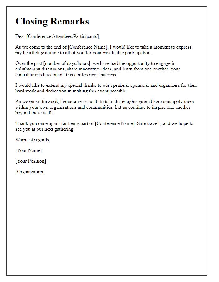 Letter template of closing remarks for a conference.