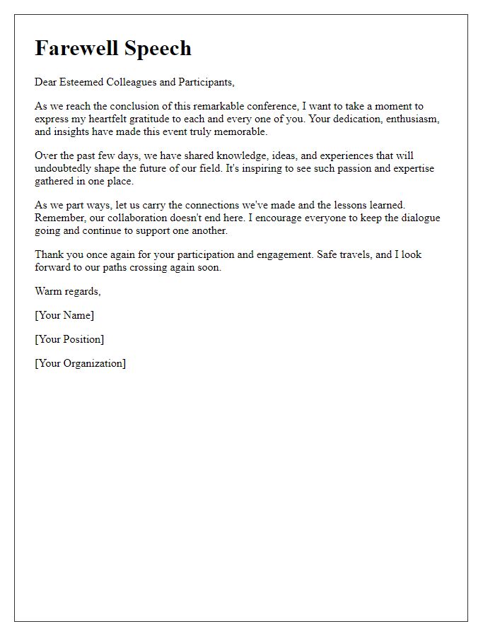 Letter template of farewell speech for a conference.