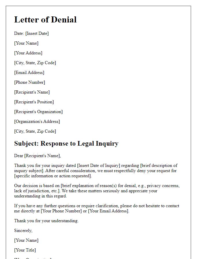 Letter template of denial in response to a legal inquiry