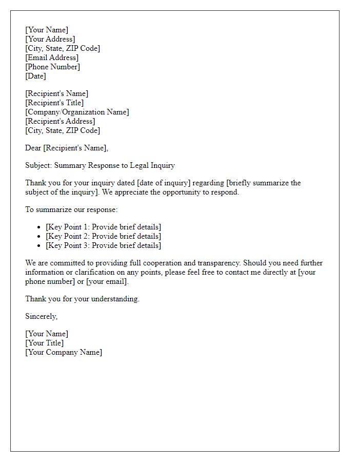 Letter template of summary response to a legal inquiry