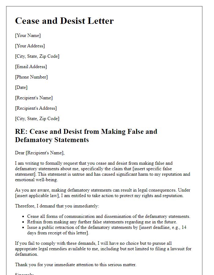 Letter template of cease and desist concerning libel claims