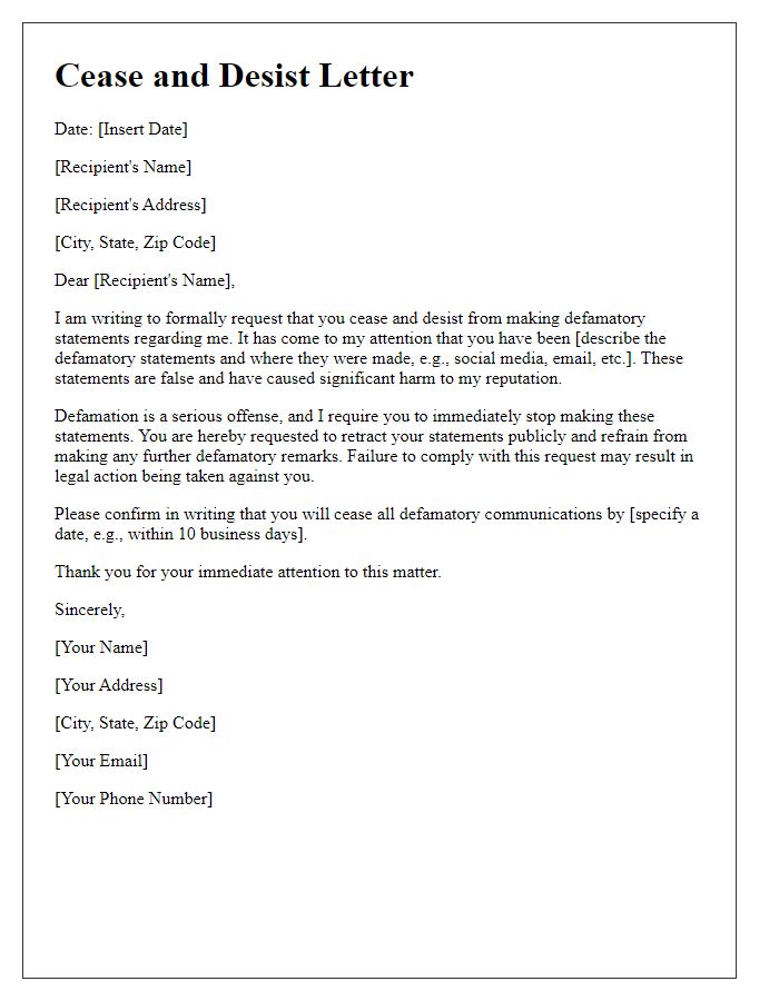 Letter template of cease and desist for defamatory statements