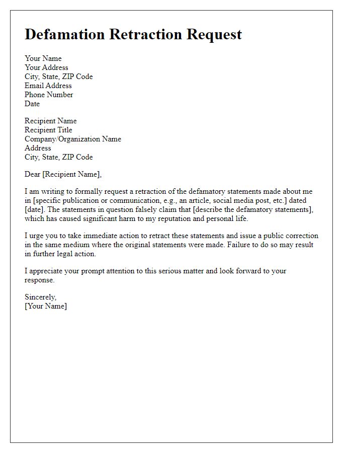 Letter template of defamation retraction request