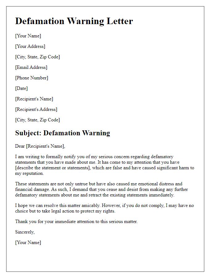 Letter template of defamation warning