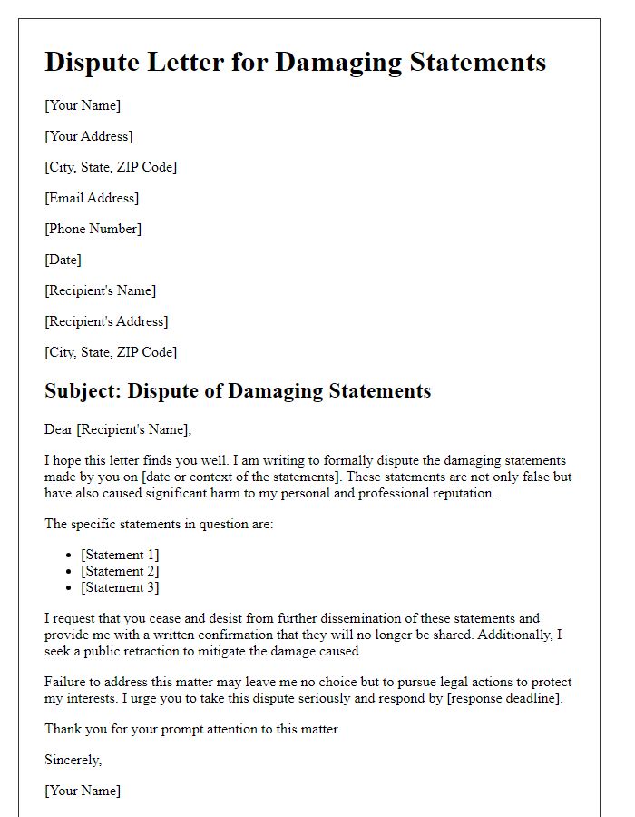 Letter template of dispute for damaging statements