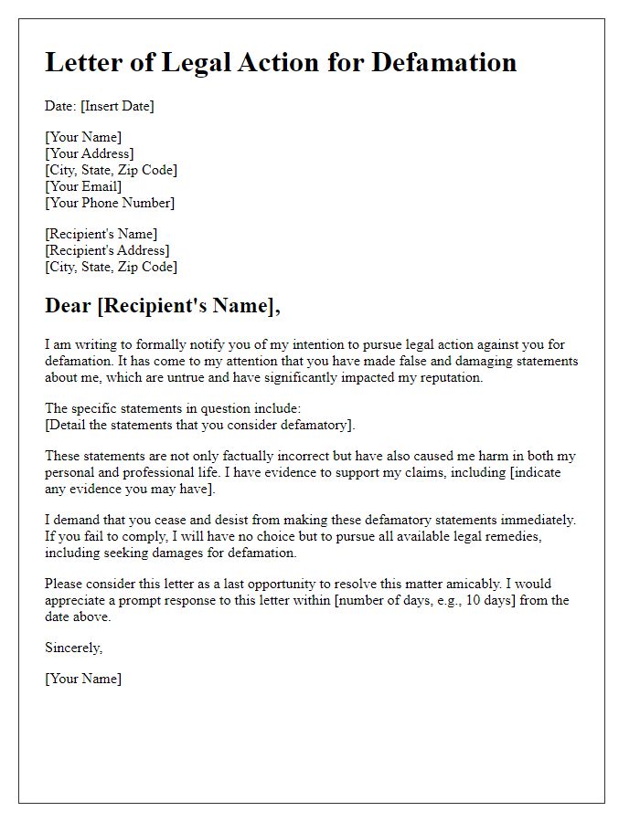 Letter template of legal action threat for defamation