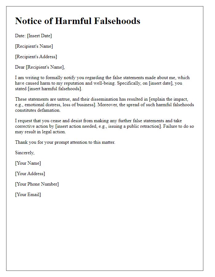 Letter template of notice for harmful falsehoods