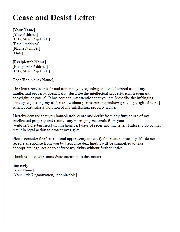 Letter template of cease and desist for intellectual property rights violation