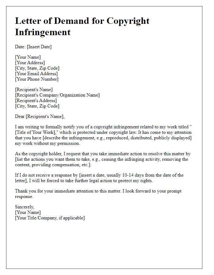 Letter template of demand for copyright infringement resolution